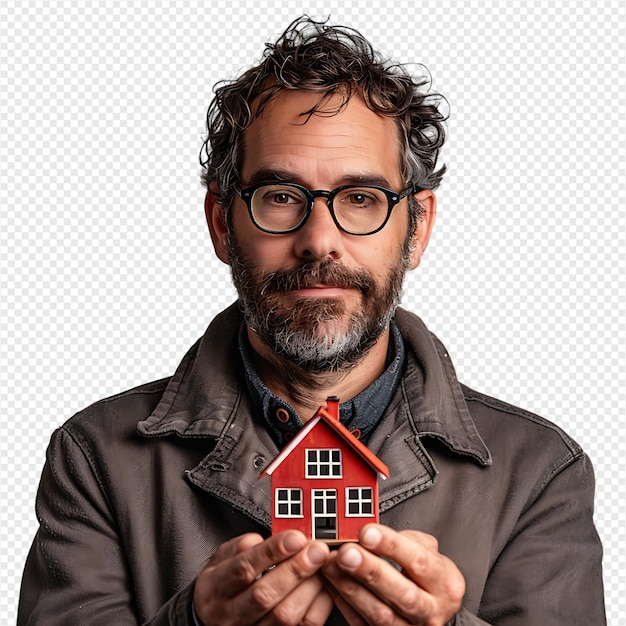 Businessman holding house miniature isolated on isolated transparent background