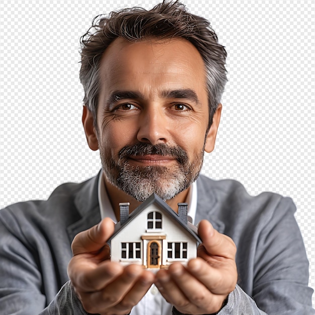 Businessman holding house miniature isolated on isolated transparent background