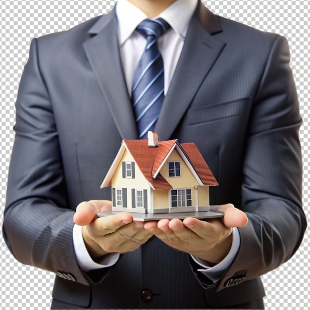 PSD a businessman holding mini 3d house