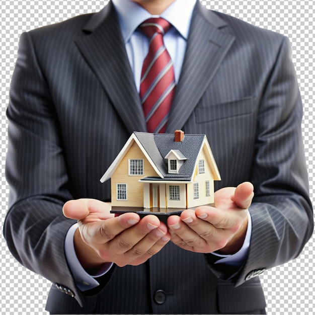 PSD a businessman holding mini 3d house