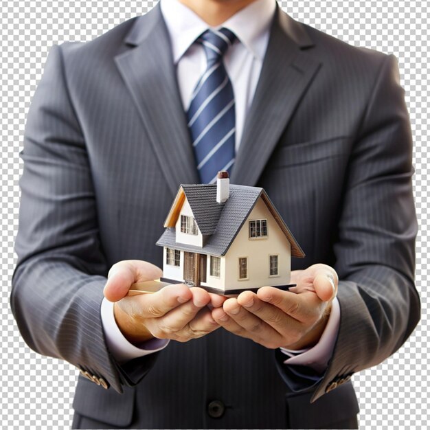 PSD a businessman holding mini 3d house