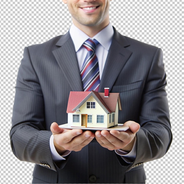 Businessman holding mini house isolated on transparent background