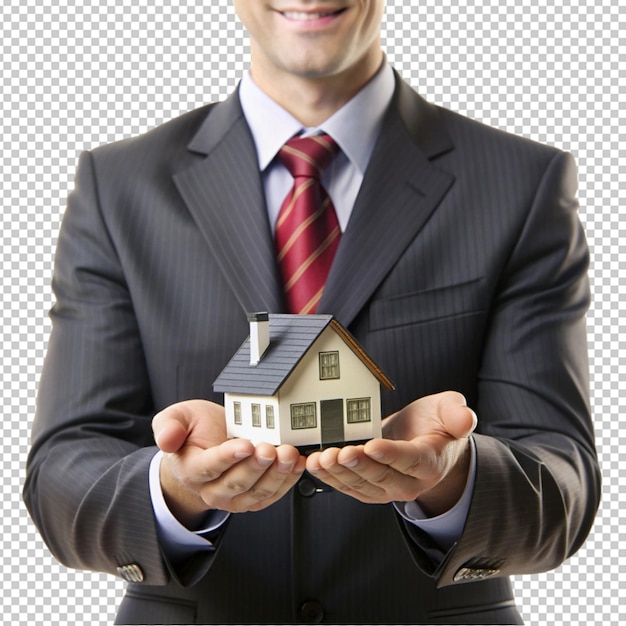 PSD businessman holding mini house isolated on transparent background