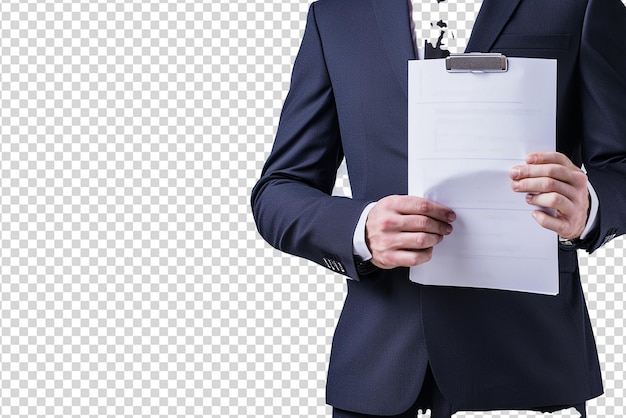 PSD businessman holding paper on white isolated background