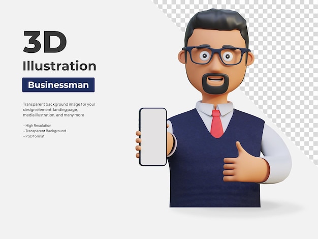 Businessman holding smartphone showing blank screen template and thumbs up 3d character illustration