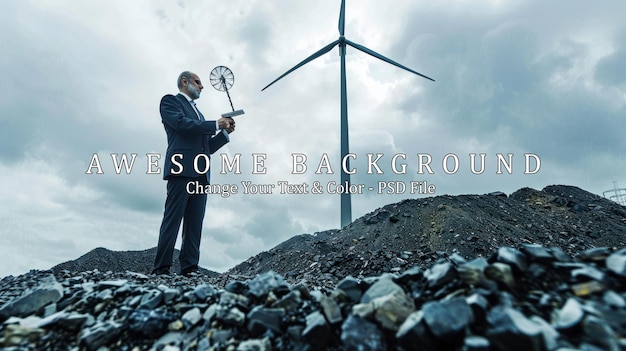 PSD businessman inspecting wind turbine at coal mine