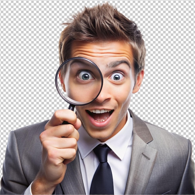 PSD businessman looking through magnifying glass