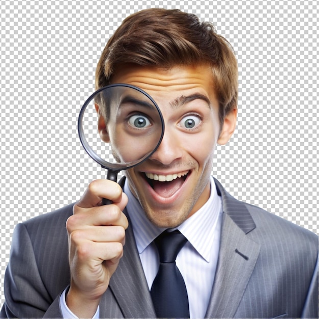 PSD businessman looking through magnifying glass