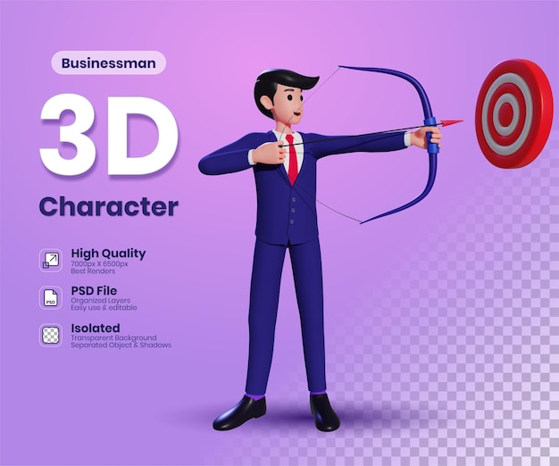 Businessman shooting arrow at the target Hit business target goals concept 3d illustration