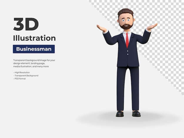 Businessman shrugs his shoulders 3d character illustration