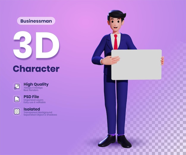 Businessman standing holding a landscape white blank board banner sign 3d illustration