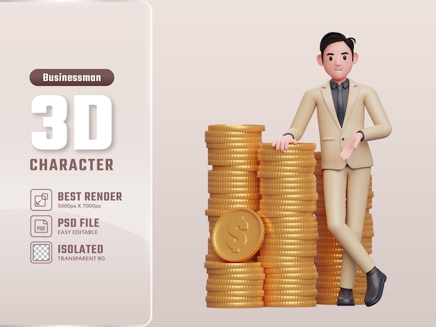 Businessman standing with crossed legs and leaning on pile of coins 3d businessman character