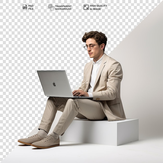 Businessman using laptop isolated on transparent background