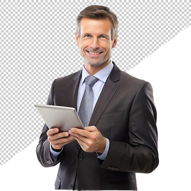 businessman using tablet on transparent background