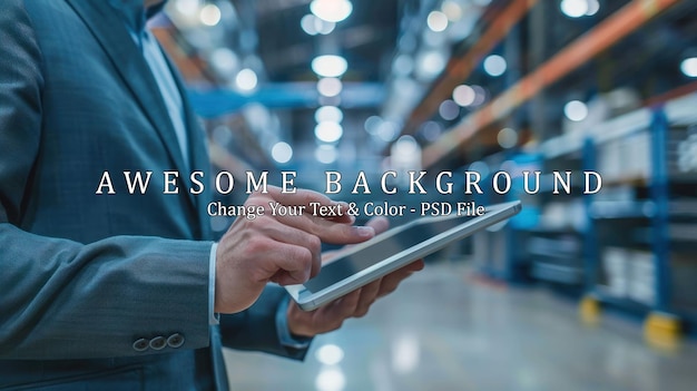 PSD businessman using a tablet in a warehouse