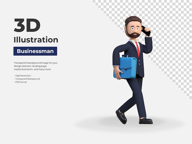 Businessman walking to office while calling 3d character illustration