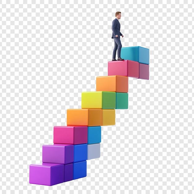 PSD businessman walking up colorful stairs of success