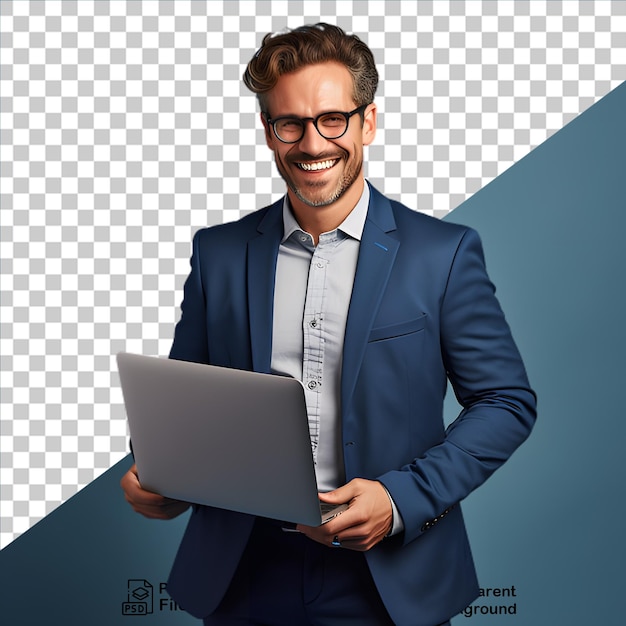 Businessman wearing a blue suit and holding a laptop isolated on transparent background png file