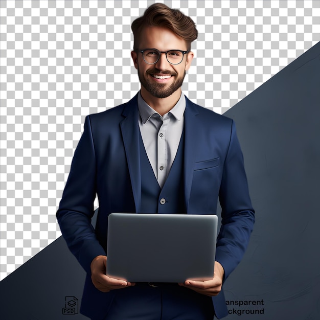 Businessman wearing a blue suit and holding a laptop isolated on transparent background png file