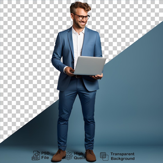 Businessman wearing a blue suit and holding a laptop isolated on transparent background png file