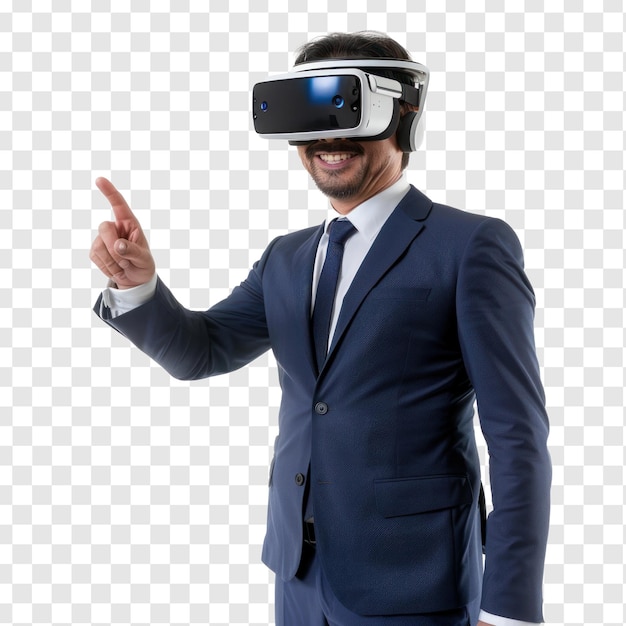 businessman wearing modern VR headset half body with hand gesture on transparency background PSD