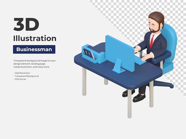 Businessman working in front of computer isometric view 3d character illustration