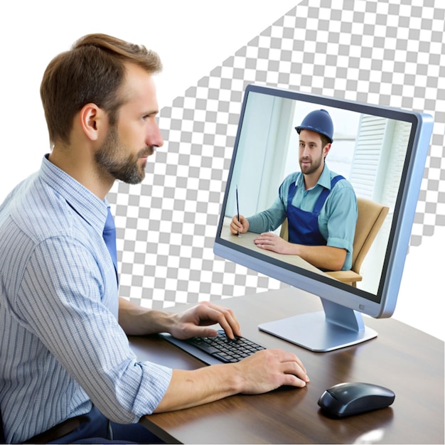 Businessmen having virtual team meeting on video conference call using computer at home