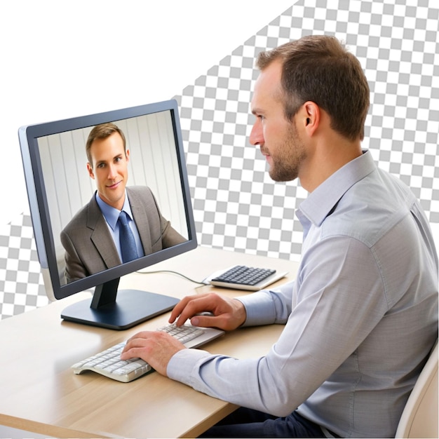 Businessmen having virtual team meeting on video conference call using computer at home