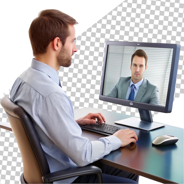 Businessmen having virtual team meeting on video conference call using computer at home