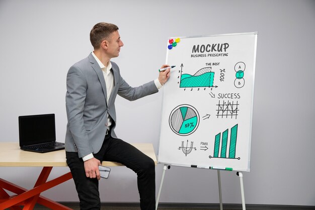 PSD businessperson presenting in a meeting on big white board mockup