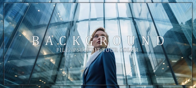 PSD businesswoman looking up at skyscrapers