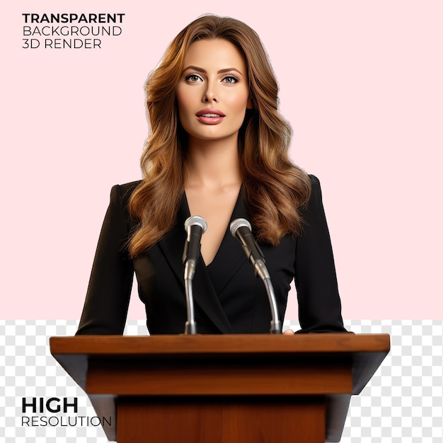 Businesswoman in Microphone Podium Isolated on Transparent Background PNG