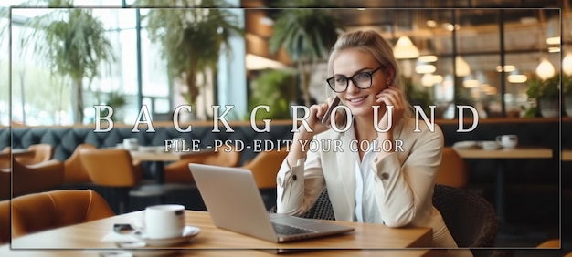 PSD businesswoman on phone at a cafe