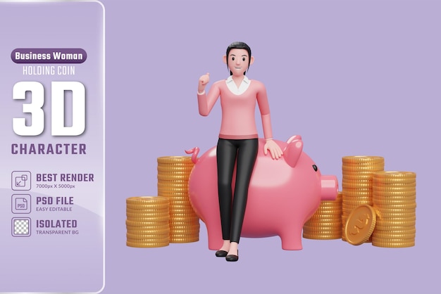 Businesswoman in pink sweater with huge savings 3d illustration of a business woman in pink sweater holding dollar coin