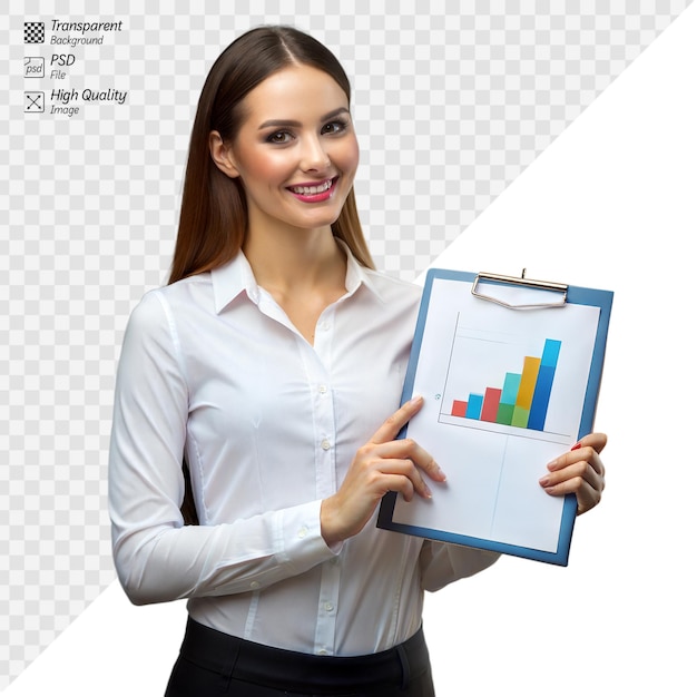 PSD businesswoman presenting graph on clipboard with transparent background