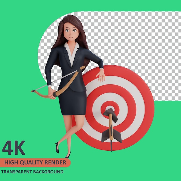 Businesswoman shoots on target 3d rendering of character modeling