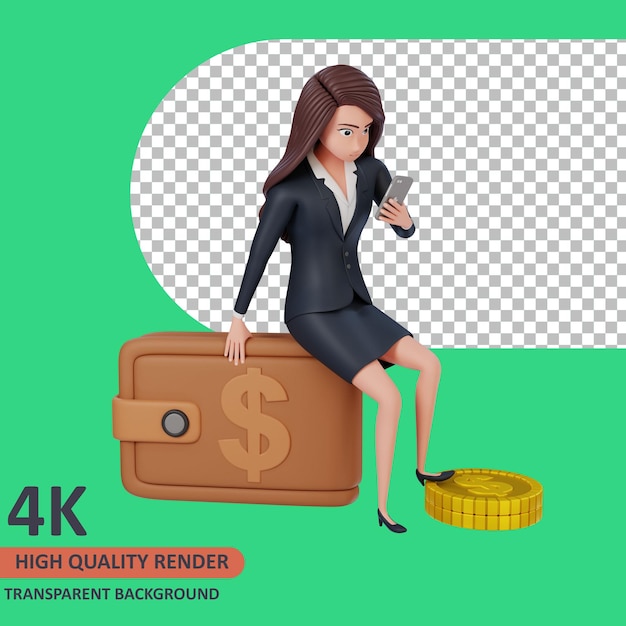 Businesswoman sitting on a giant purse 3d rendering of character modeling