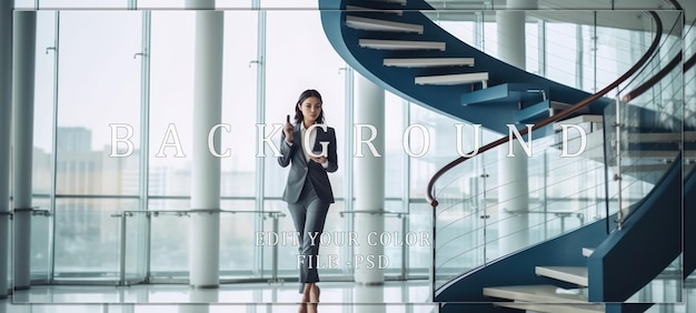 PSD businesswoman walking through modern office building