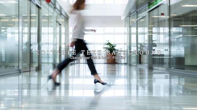 PSD businesswoman walking through modern office building