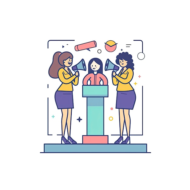 PSD businesswomen with megaphones stand cartoon illustration