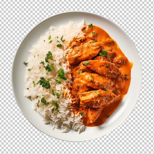 Butter chicken with basmati rice on a plate top view isolated on transparent background