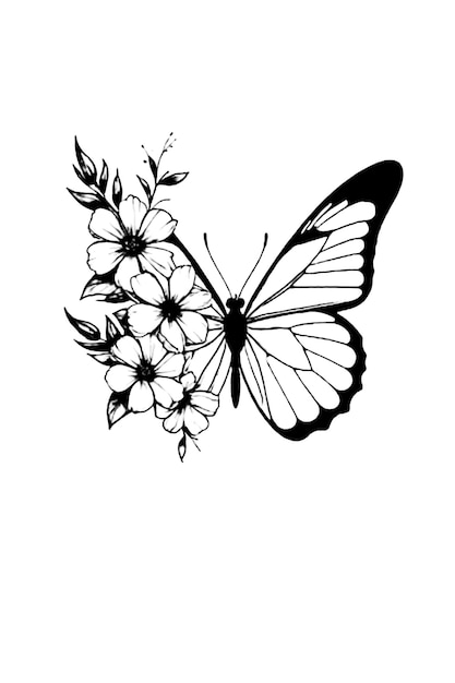 PSD butterfly half flowers minimalist tattoo design