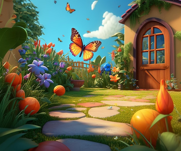 PSD butterfly in house garden 3d background