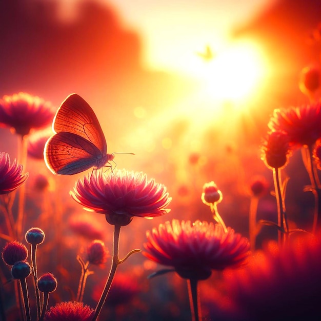 a butterfly is on a flower with the sun behind it with blossom flower