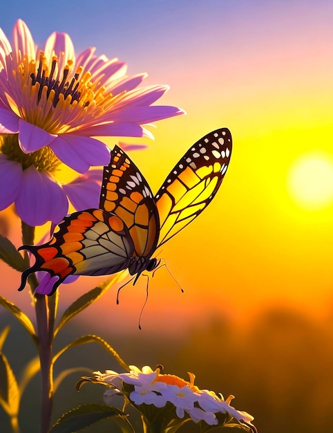 a butterfly is on a flower with the sun behind it