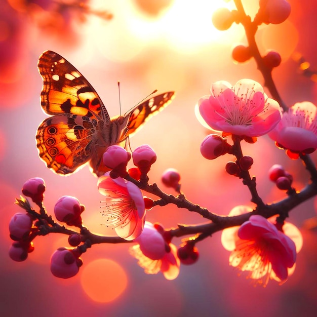 a butterfly sits on a branch with the sun behind it