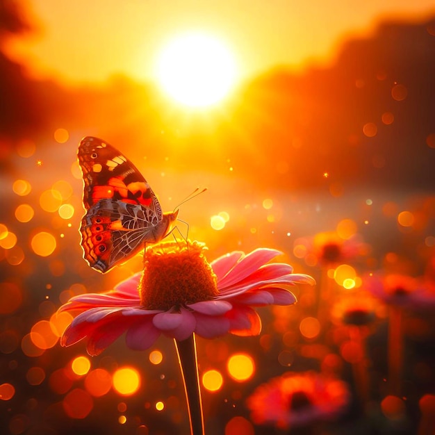 a butterfly sits on a flower in front of a sunset