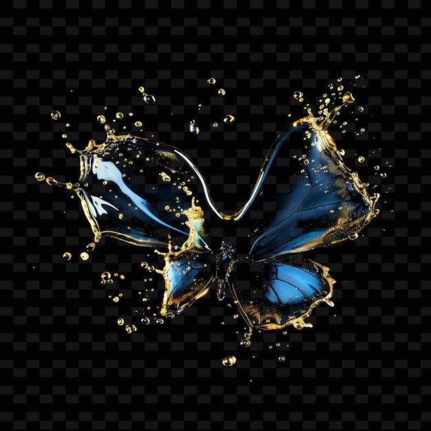 PSD a butterfly with a blue body and yellow water splashing on a black background