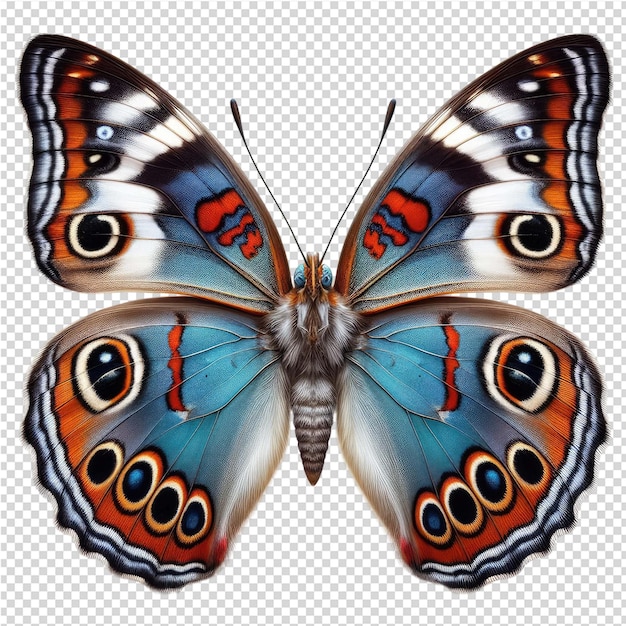 a butterfly with blue and orange wings is shown on a paper