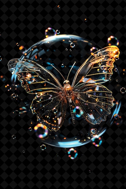 a butterfly with bubbles and bubbles on a black background